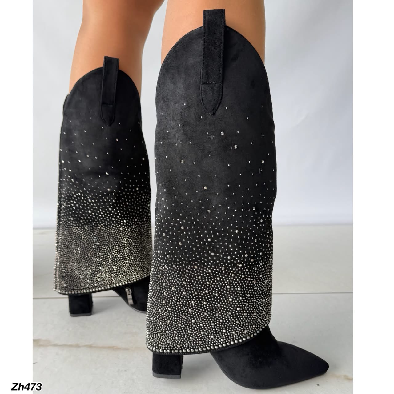 Bota texana negro doblez apliques plateado tacon 10cm HX3079-B0137